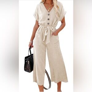 Acelitt Women Casual V Neck Short Sleeve Button Wide Leg Jumpsuits without belt